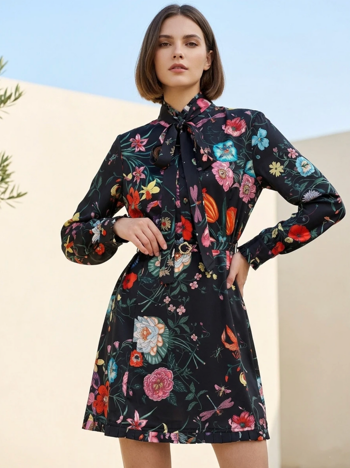 Une robe fluide à imprimé floral, dotée d'un col lavallière et d'une ceinture assortie