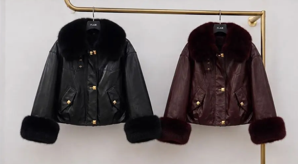 Veste courte en similicuir col fourrure