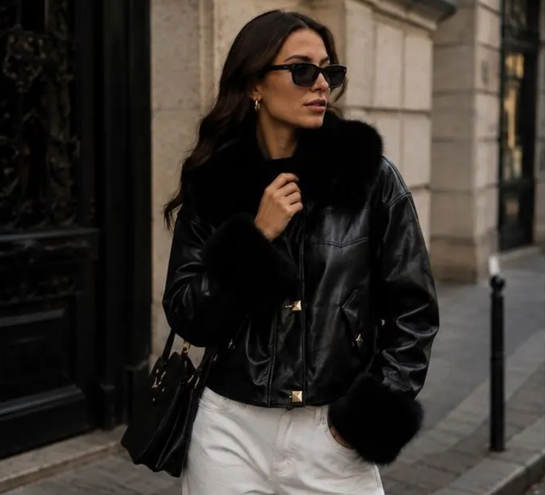 Veste courte en similicuir col fourrure