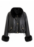 Veste courte en similicuir col fourrure